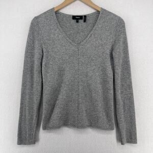 THEORY Sweater Womens Petite Cashmere V-Neck Ribbed Jumper Pullover Gray